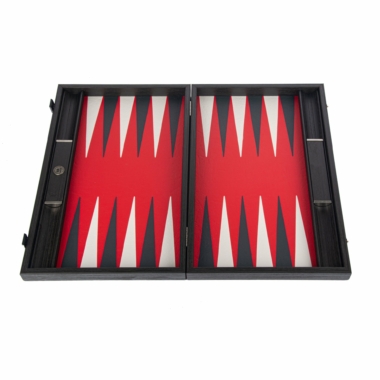 Backgammon Luxe, coffret ouvert vide montrant le plateau rouge et noir