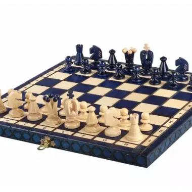 Jeu d'Echecs Pliable en Bois Bleu et Ivoire avec Rangement 34 x 34 cm