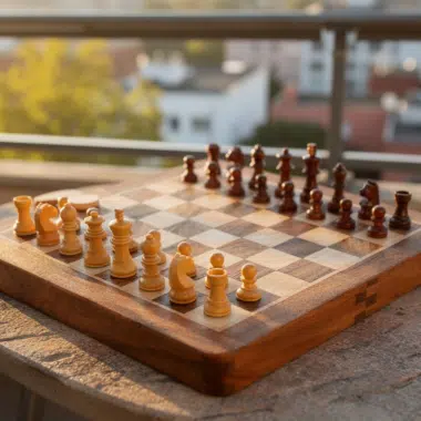 Plateau de jeu d'échecs avec pièces en bois magnétique prêts à jouer dans un paysage relaxant