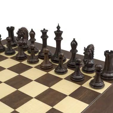 Détails des pièces noires du jeu d'échecs Sheffield Knight en palissandre
