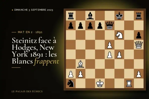 Position du défi d’échecs : Les Blancs jouent et matent en 2 (Wilhelm Steinitz – Albert Hodges, New York, 1891)